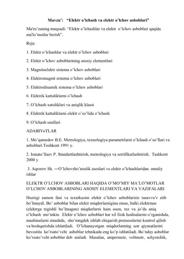 Elektr o’lchash va elektr o’lchov asboblari