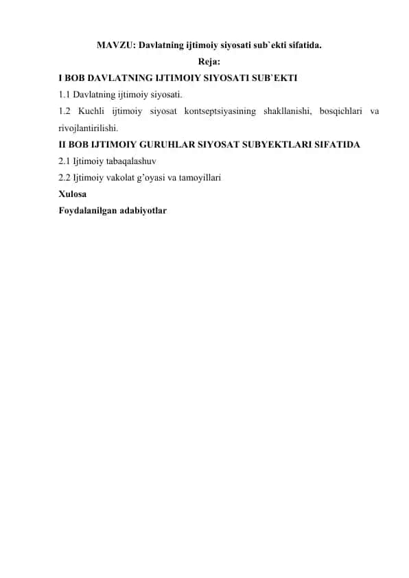 Davlatning ijtimoiy siyosati sub`ekti sifatida