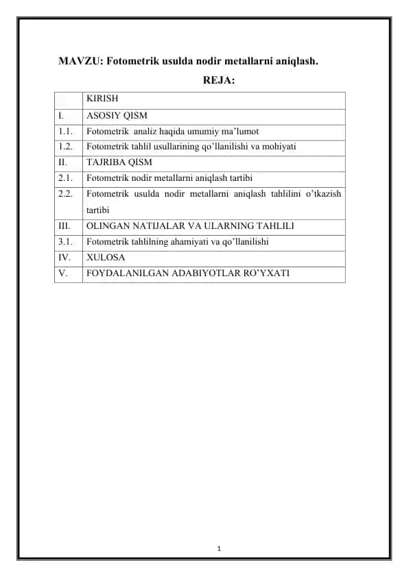 Fotometrik usulda nodir metallarni aniqlash