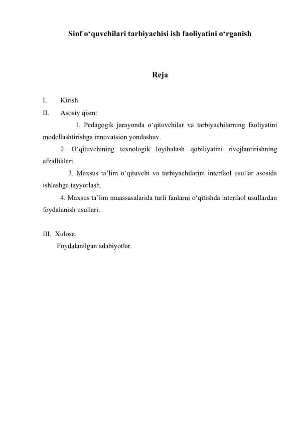 Sinf o‘quvchilari tarbiyachisi ish faoliyatini o‘rganish