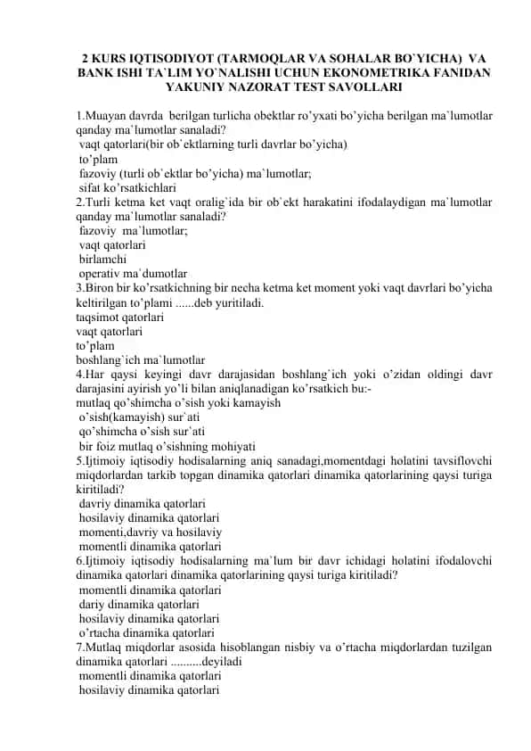 Ekonomatrika fanidan yakuniy nazorat test savollari