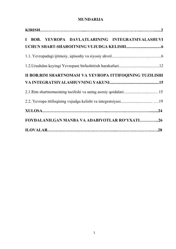 Yevropa davlatlarining integratsiyalashuvi bo‘yicha kurs ishi