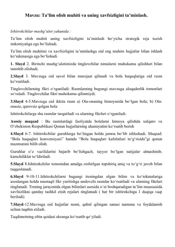 Taʼlim olish muhiti va uning xavfsizligini taʼminlash