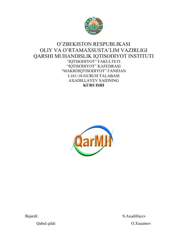 "O'zbekiston Respublikasi Oliy va O'rtamaxsus Ta'lim Vazirligi Karshi Muhandislik Iqtisodiyot Instituti"