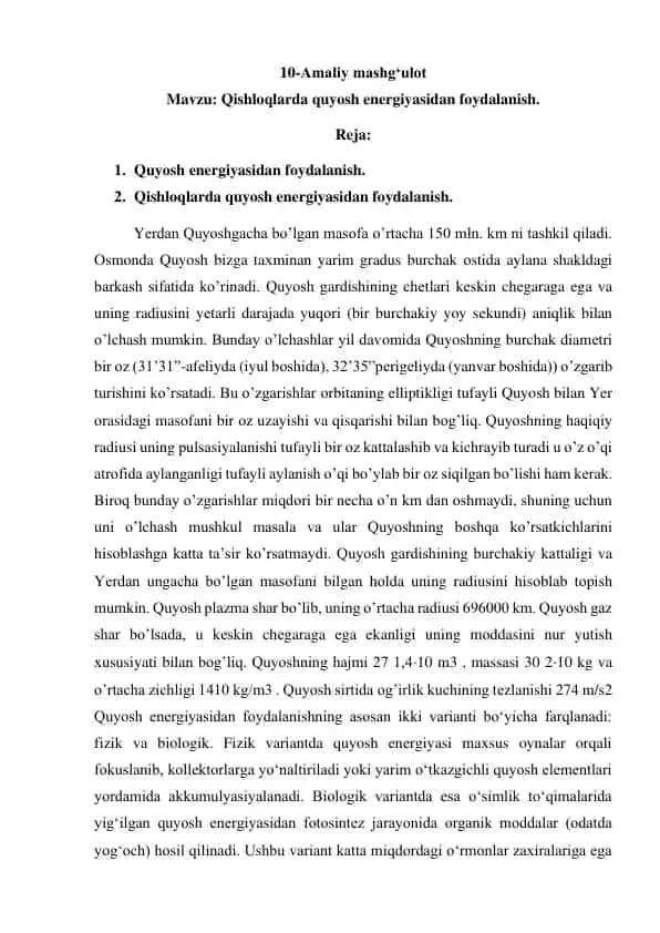 Qishloqlarda quyosh energiyasidan foydalanish