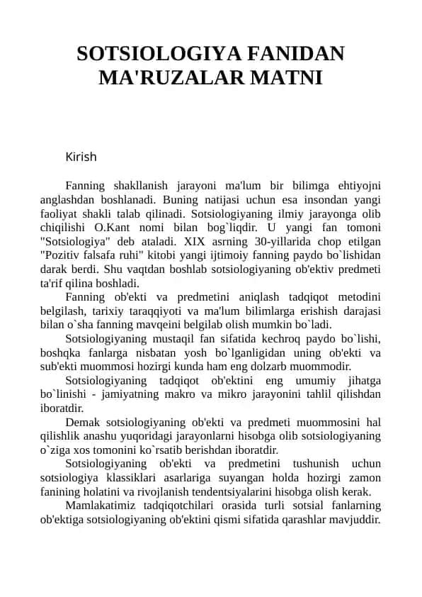 Sotsiologiya fanidan ma'ruzalar