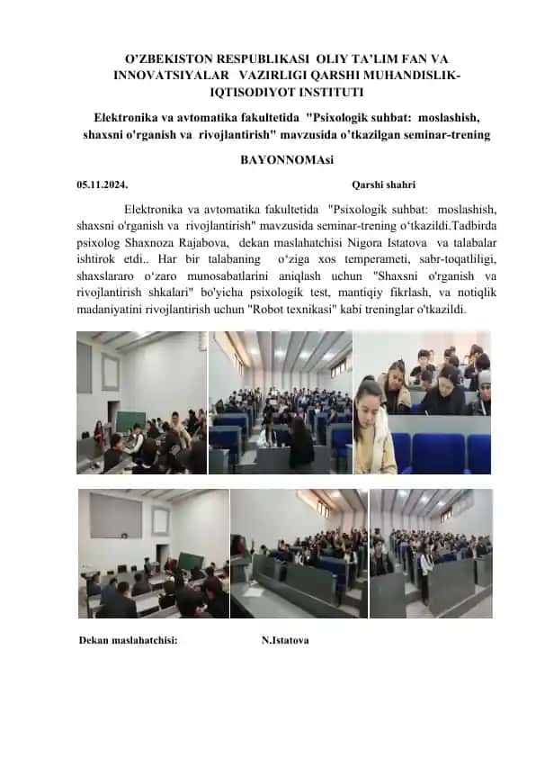 Psixologik suhbat: moslashish, shaxsni o'rganish va rivojlantirish seminar-trening