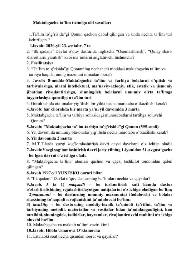 Maktabgacha ta'lim tizimiga oid savollar