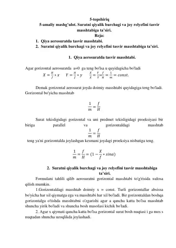 Suratning tasvir masshtabi va qiyalik burchagi