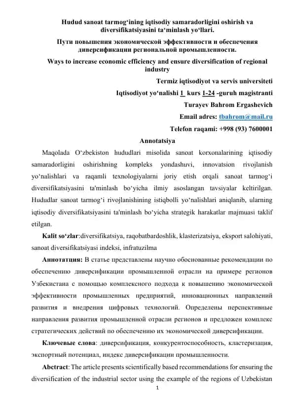 Hudud sanoat tarmog‘ining iqtisodiy samaradorligini oshirish va diversifikatsiyasini ta‘minlash yo‘llari
