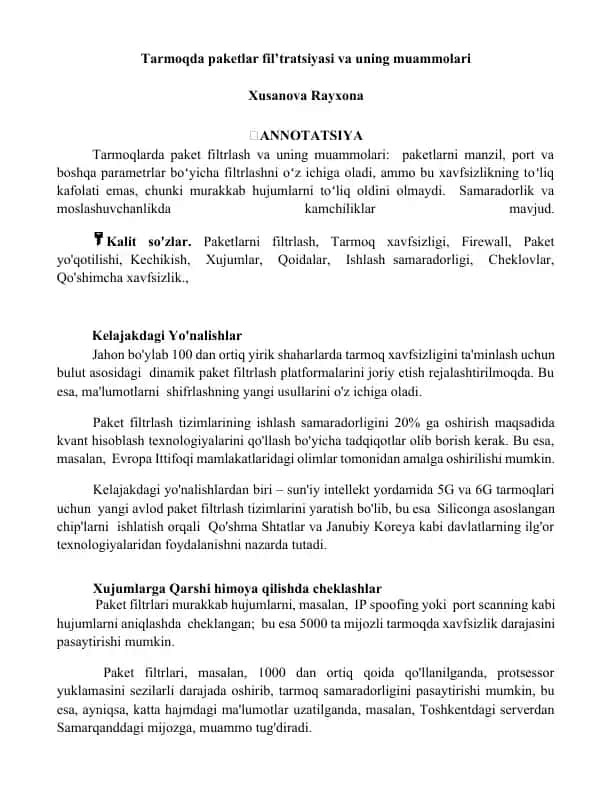 Tarmoqda paketlar fil’tratsiyasi va uning muammolari