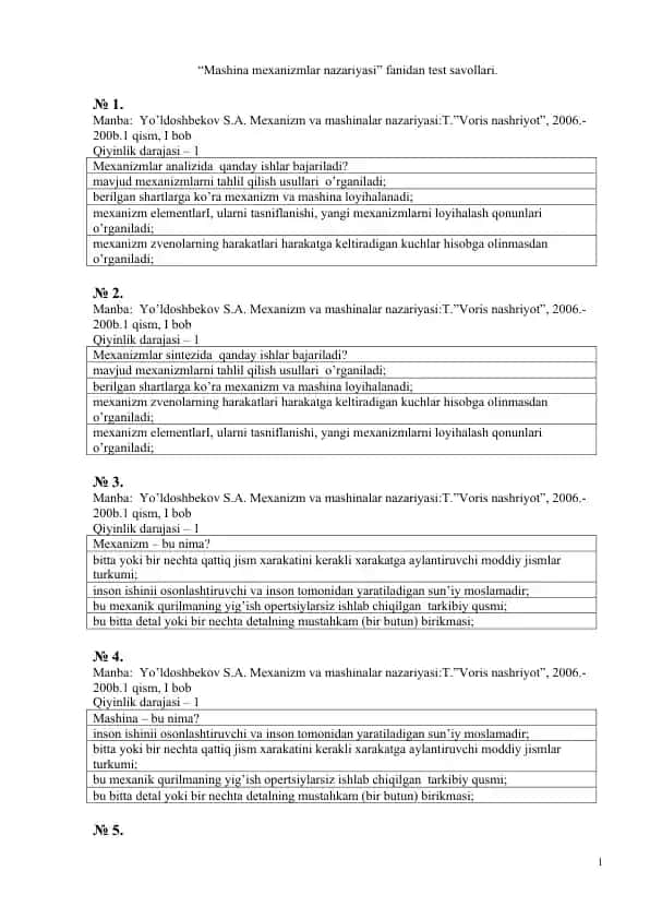 "Mashina mexanizmlar nazariyasi" fanidan test savollari