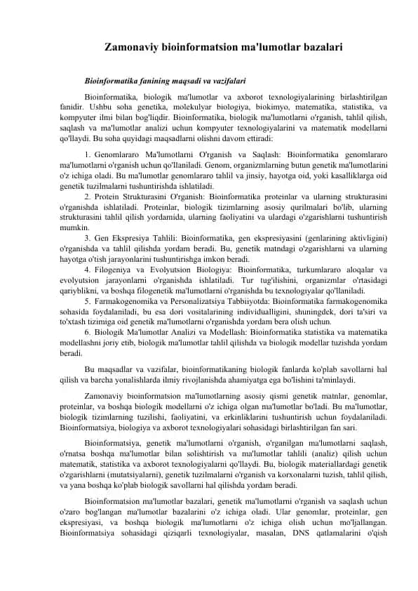 Zamonaviy bioinformatsion ma'lumotlar bazalari