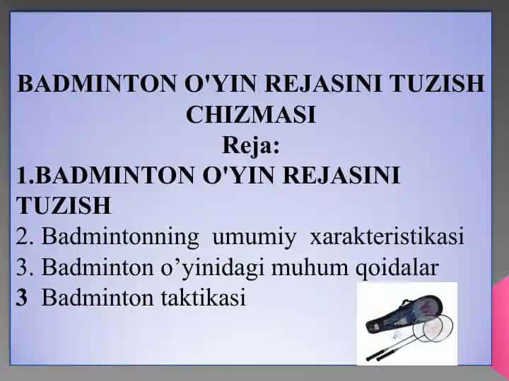 BADMINTON O'YIN REJASINI TUZISH CHIZMASI
