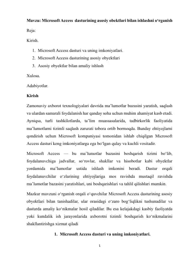 Microsoft Access dasturining asosiy obektlari