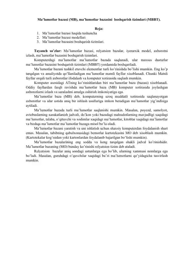 Ma’lumotlar bazasini boshqarish tizimlari (MBBT)