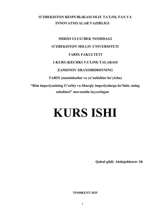 "Rim imperiyasining G’arbiy va Sharqiy imperiyalarga bo’lishi, uning sabablari"