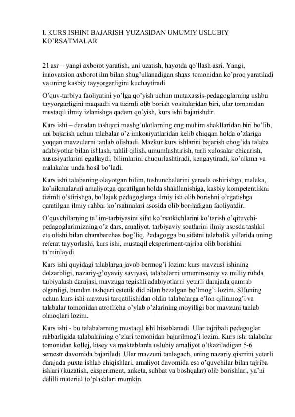 Kurs ishini bajarish yuzasidan umumiy uslubi ko'rsatmalar