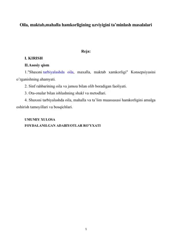 "Shaxsni tarbiyalashda oila, mahalla, maktab hamkorligi" Konsepsiyasi