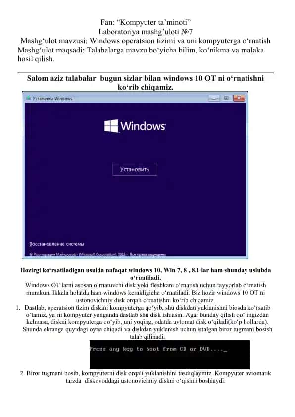 windows o'rnatilishi