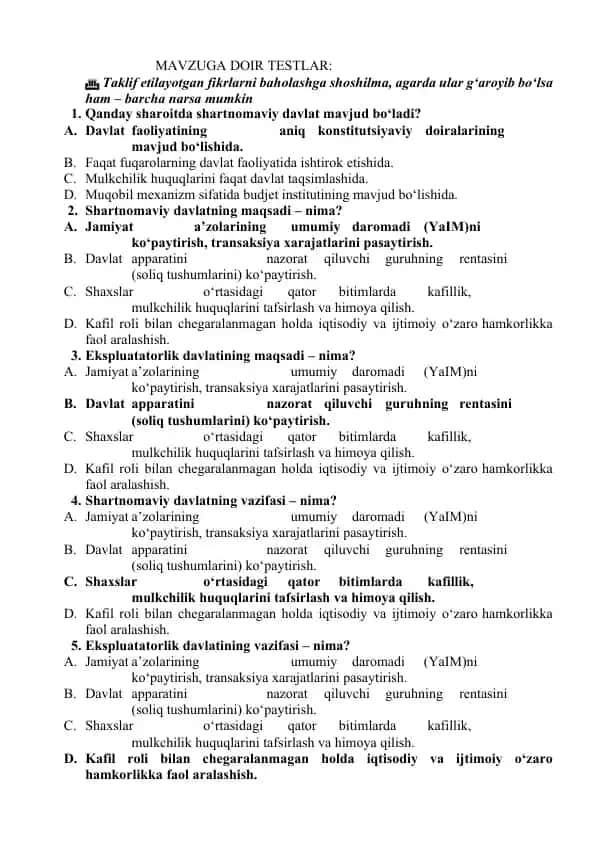 Davlat shakllarining turlari testi