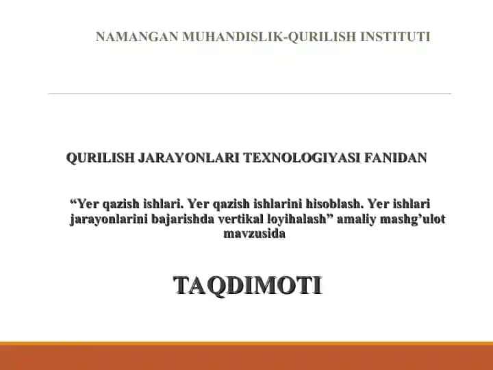 Handaqni qazishda yer ishlari hajmini hisoblash taqdimoti