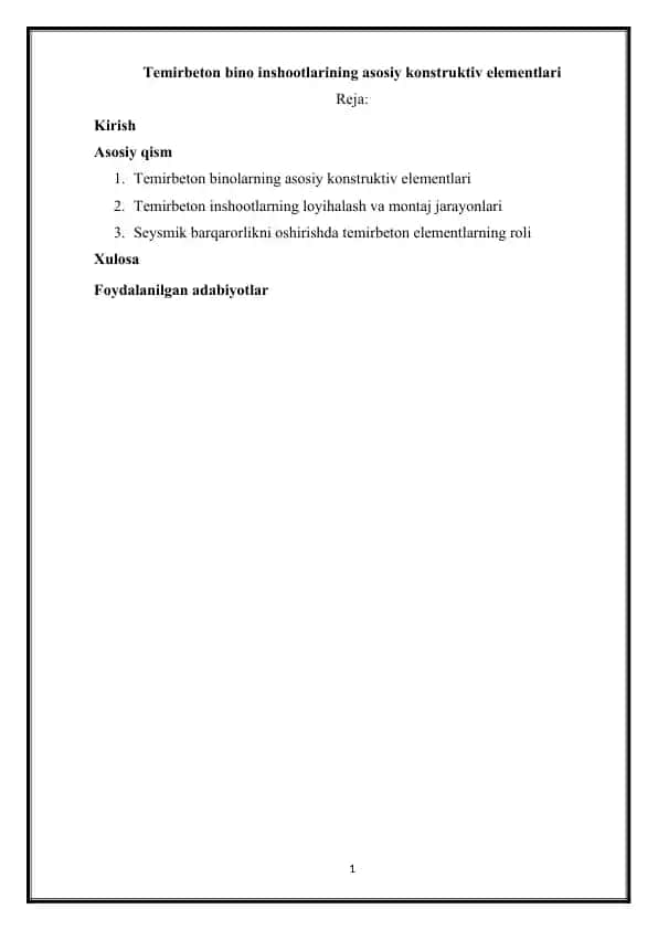 Temirbeton bino inshootlarining asosiy konstruktiv elementlari