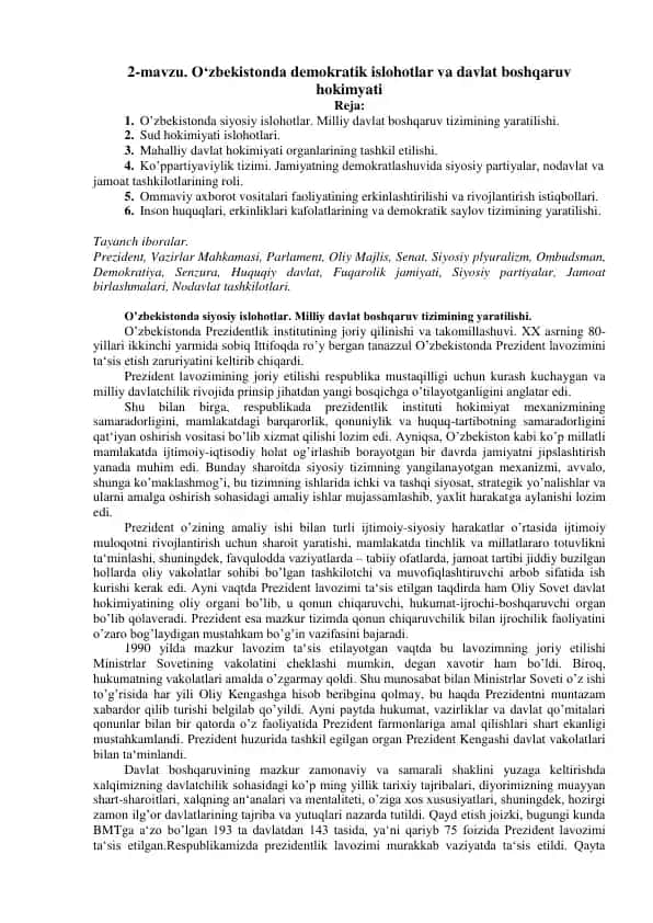 O‘zbekistonda demokratik islohotlar va davlat boshqaruv hokimyati