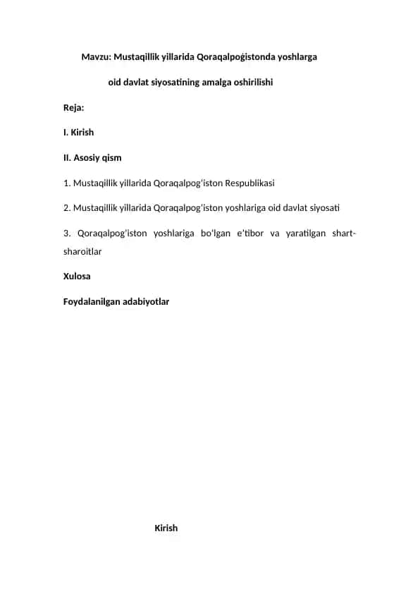Mustaqillik yillarida Qoraqalpoģistonda yoshlarga oid davlat siyosatining amalga oshirilishi