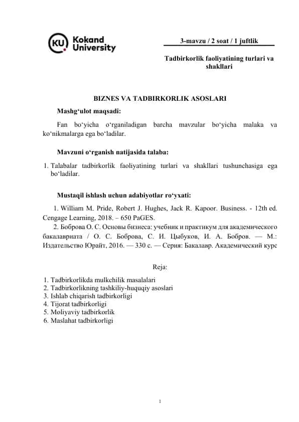 Biznes va tadbirkorlik asoslari