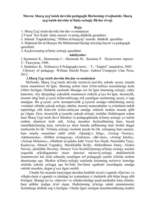 Sharq uyg’onish davrida pedagogik fikrlarning rivojlanishi