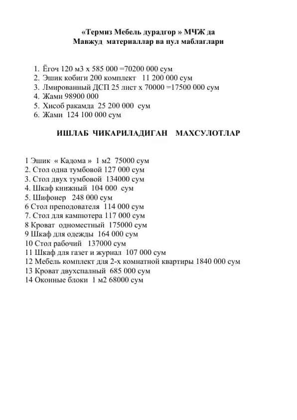 Mebel va mavjud materiallar
