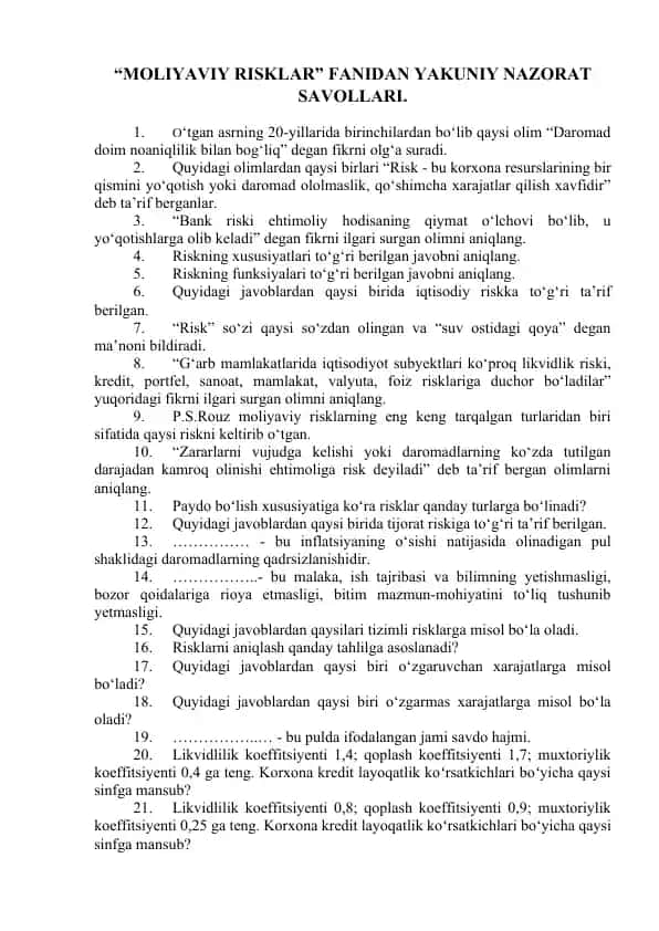 “MOLIYAVIY RISKLAR” FANIDAN YAKUNIY NAZORAT SAVOLLARI.