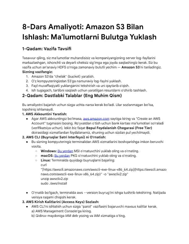 8-Dars Amaliyoti: Amazon S3 Bilan Ishlash