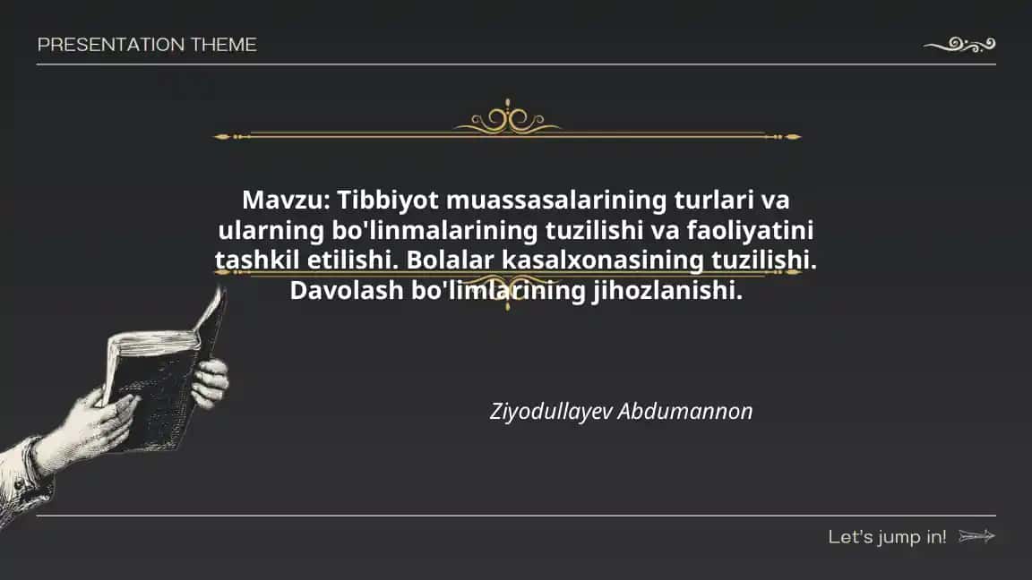 Tibbiyot muassasalarining turlari va ularning bo'linmalarining tuzilishi va faoliyatini tashkil etilishi