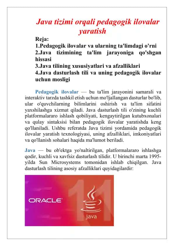 Java tizimi orqali pedagogik ilovalar yaratish