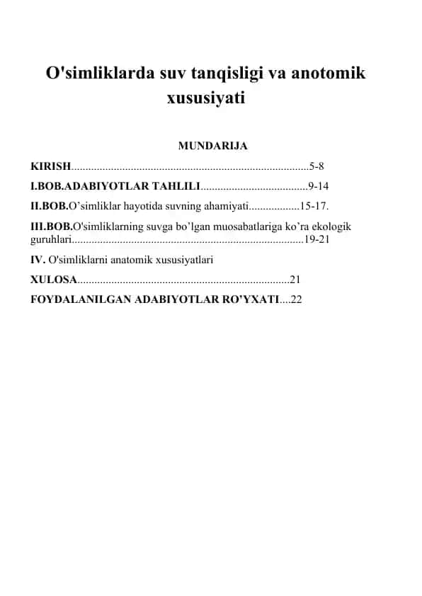 O'simliklarda suv tanqisligi va anatomik xususiyati