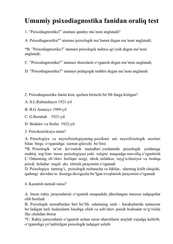 Umumiy psixodiagnostika fanidan oraliq test