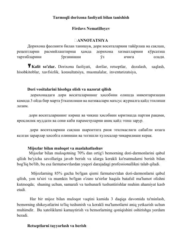 Dorixona faoliyati bilan tanishish