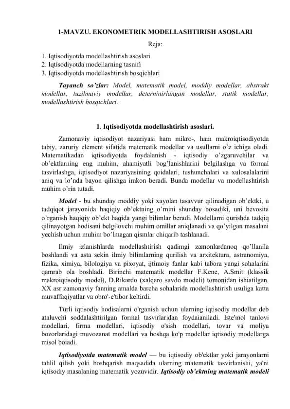 Ekonometrik Modellashtirish Asoslari