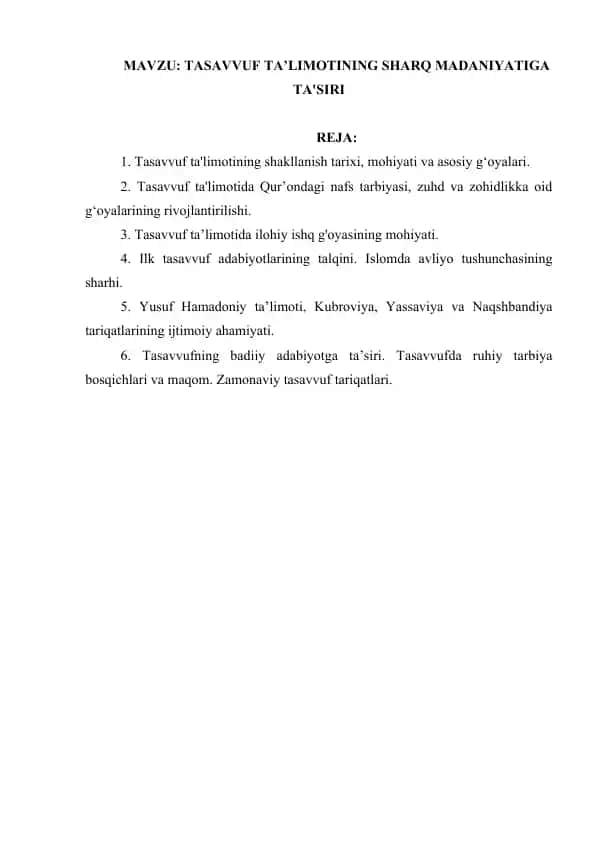 TASAVVUF TA’LIMOTINING SHARQ MADANIYATIGA TA'SIRI