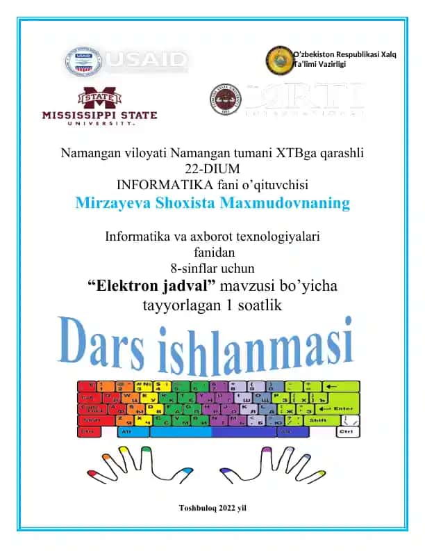"Elektron jadval dars ishlanmasi"