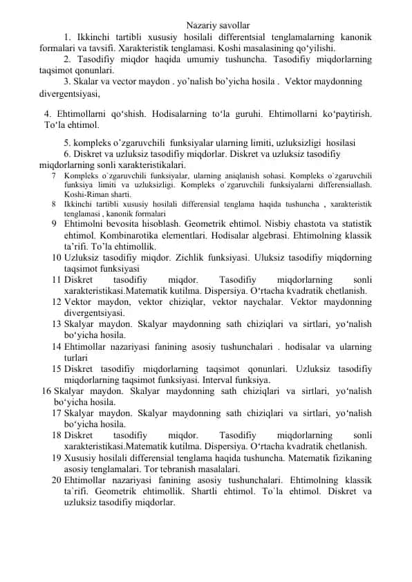 Nazariy savollar va misollar to‘plami (differensial tenglamalar va ehtimollar nazariyasi)