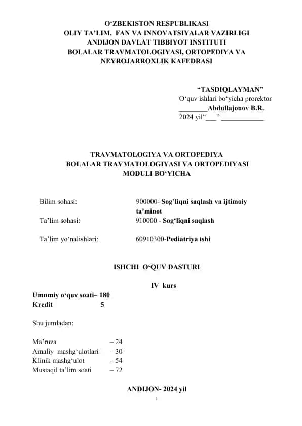 Bolalar Travmatologiyasi va Ortopediya Moduli Bo‘yicha Ishchi O‘quv Dasturi