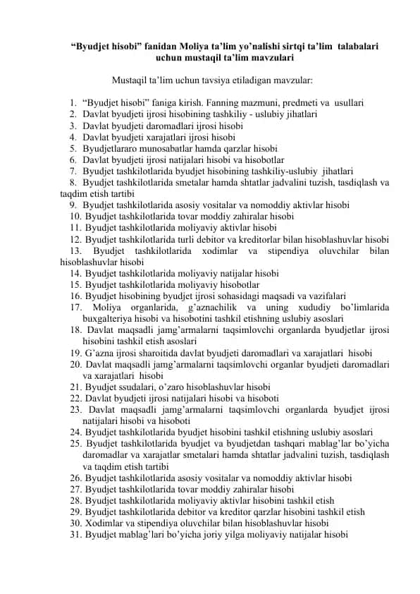 Byudjet hisobi fanidan Moliya ta’lim yo’nalishi