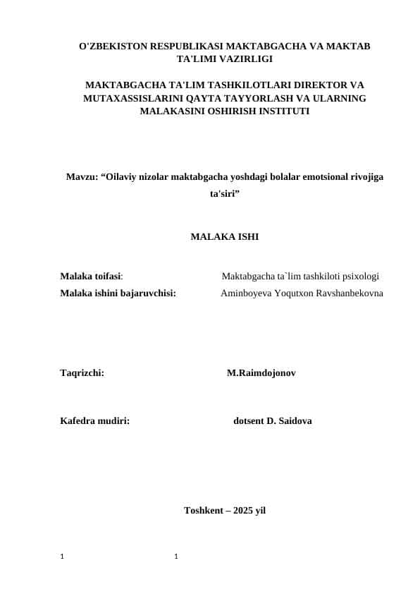 Oilaviy nizolar maktabgacha yoshdagi bolalar emotsional rivojiga ta'siri