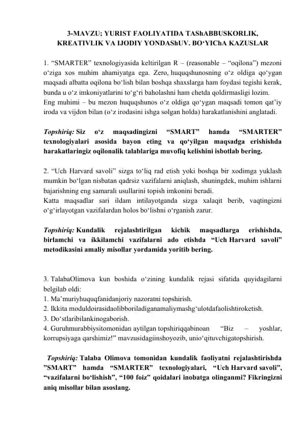 Kreativlik va Ijodiy Yondashuvning Huquqshunoslik Faoliyati Uchun SMARTER Texnologiyalari