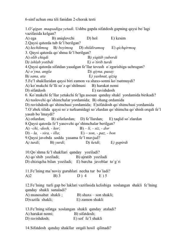 6-sinf uchun ona tili fanidan 2-chorak testi