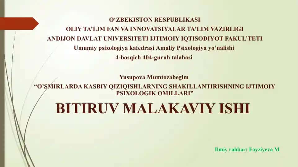 O‘SMIRLARDA KASBIY QIZIQISHLARNING SHAKILLANTIRISHNING IJTIMOIY PSIXOLOGIK OMILLARI