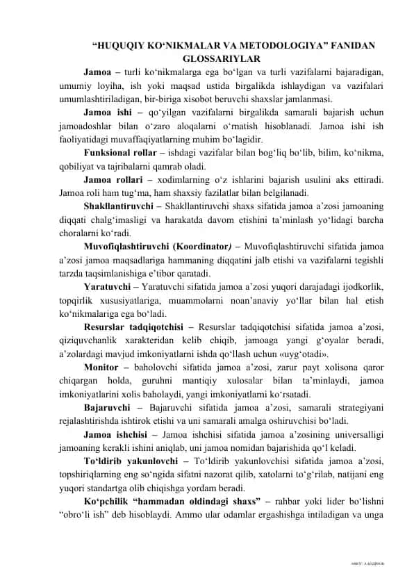"HUQUQIY KO‘NIKMALAR VA METODOLOGIYA" FANIDAN GLOSSARIYLAR